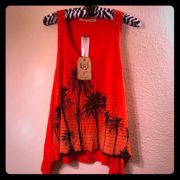 Big Star Tops - Orange with palm trees flair out tank top